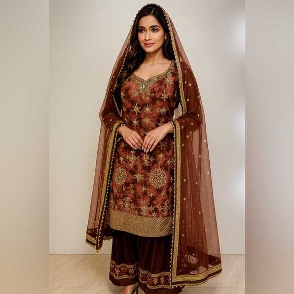Salwar Kameez Other - ✨ Lavish Brown & Gold Embellished Party Suit – New, Never Worn (3-Piece) Plazzo